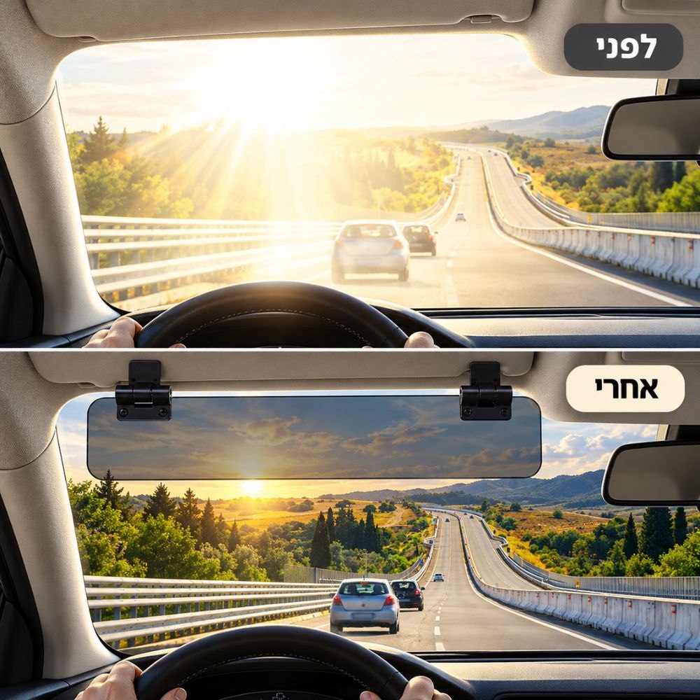 לפני ואחרי השימוש במאריך מגן השמש VisorMax
