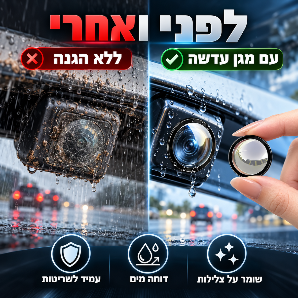 השוואה לפני ואחרי שימוש במגן מצלמת VisionShield
