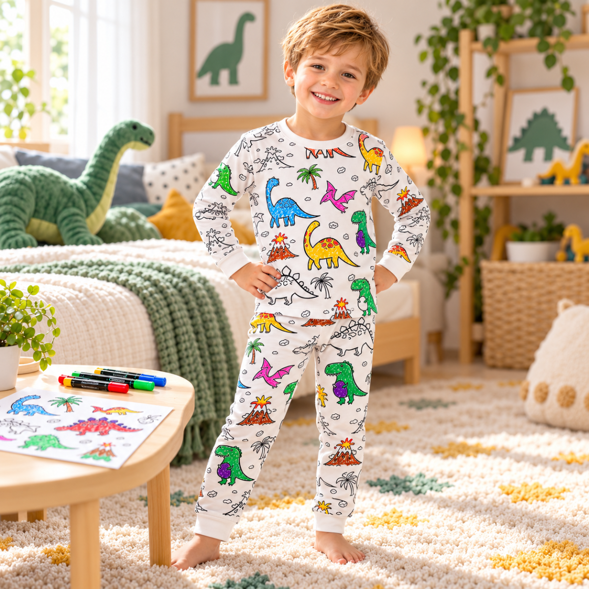 ילד לובש את פיגמת הדינוזאורים SketchWear לאחר הצביעה