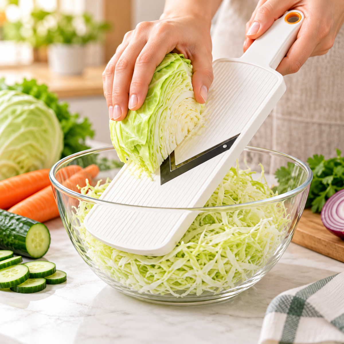 שימוש במנדולינה VeggieGlide לחיתוך כרוב דק ישירות לקערת זכוכית