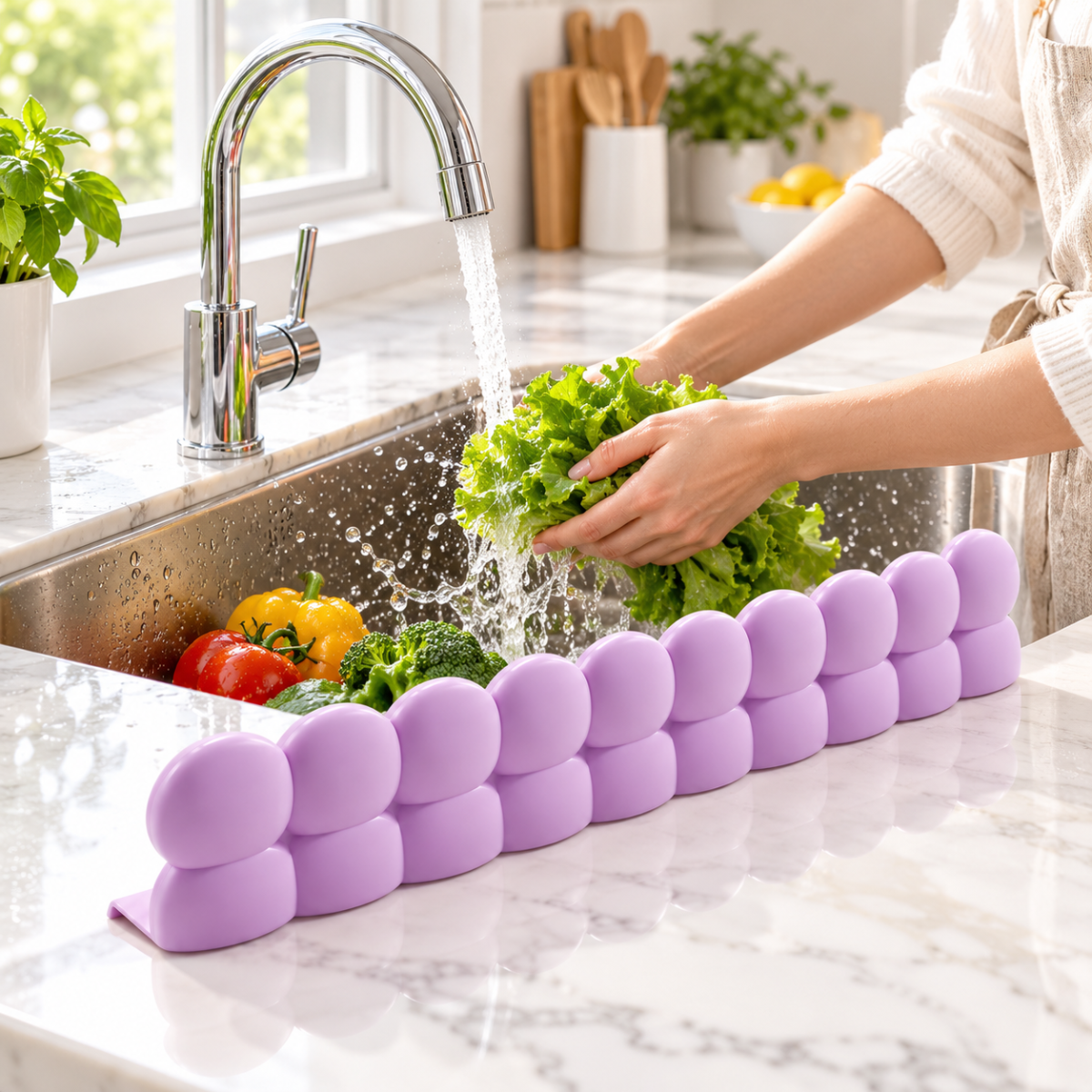 AquaStop בזמן שטיפת ירקות בכיור